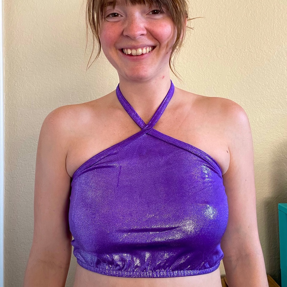 Purple, spandex crop top with sparkles and halter neck